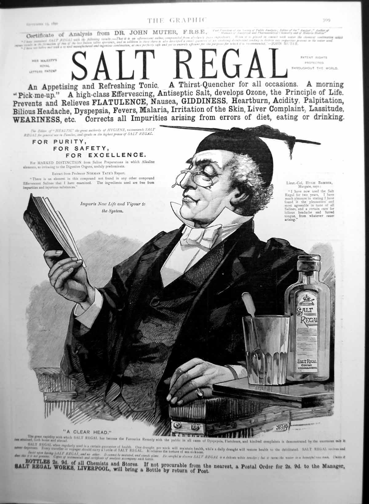 Antique Old Print Salt Regal Effervescing Antiseptic Salt Nausea Fever 1890