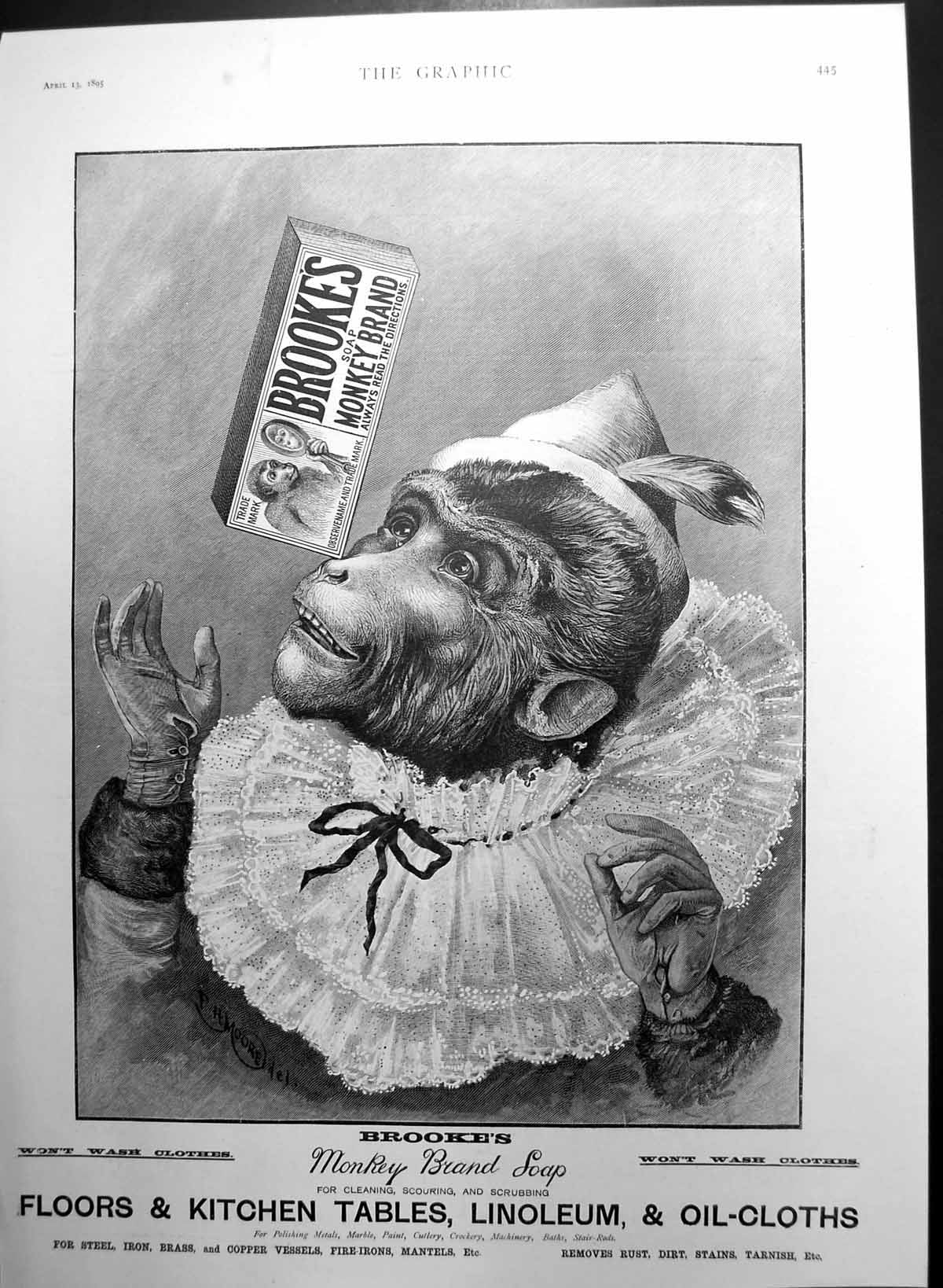 Antique Old Print Brookes Monkey Brand Soap Copper Fire Irons Mantels 1895 19th
