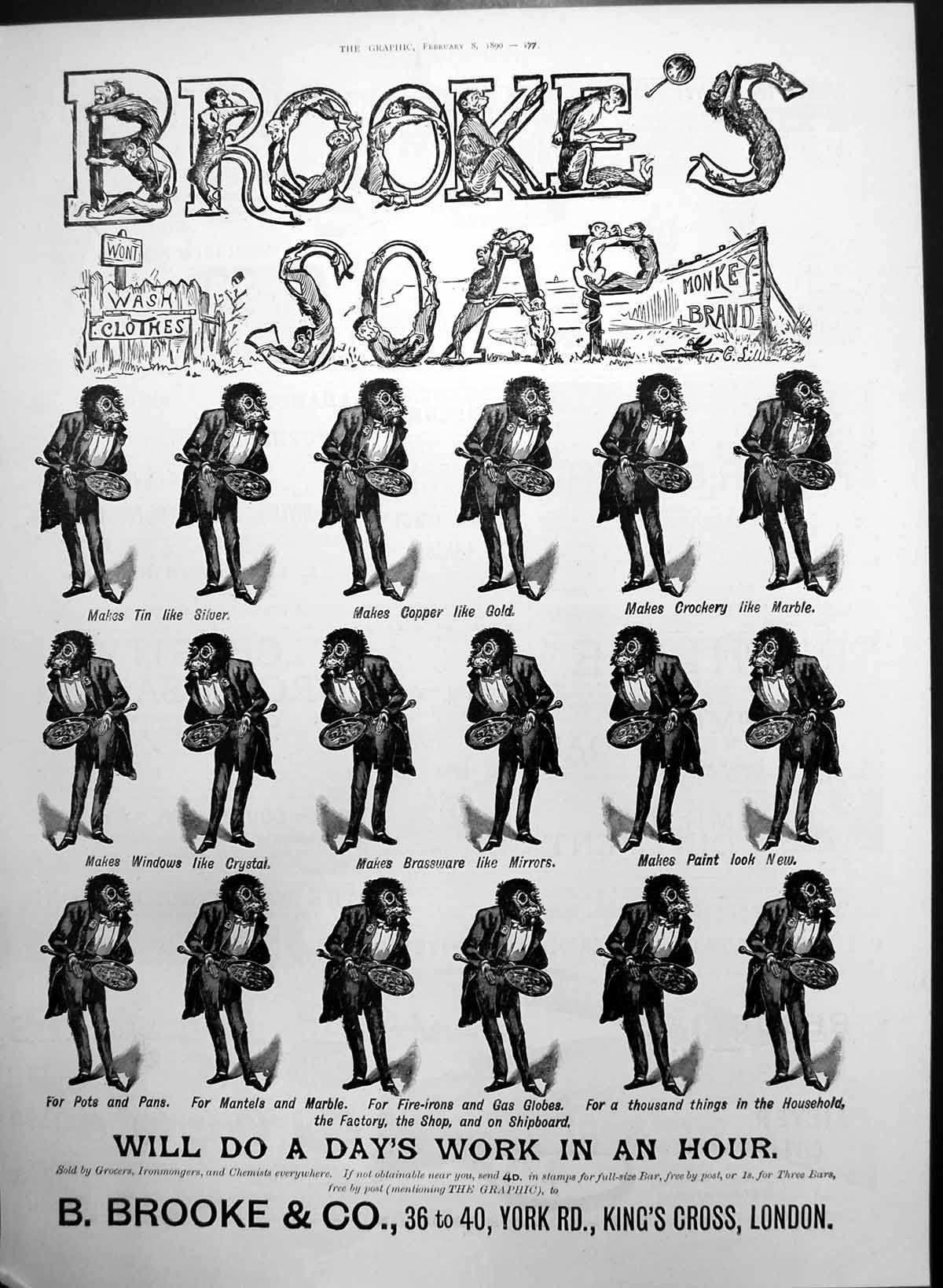 Old Antique Print Brookes Monkey Brand Soap Monkeys Hing Clean Pans 1890 19th
