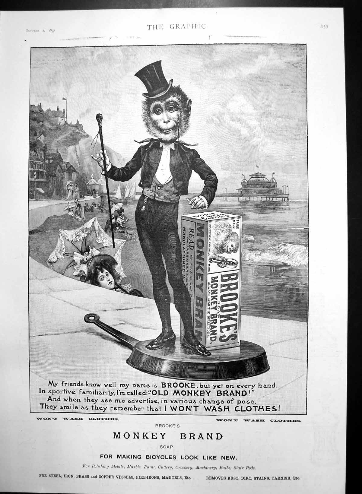 Original Old Antique Print Brookes Monkey Brand Soap Monkey Brand Scouring 1897