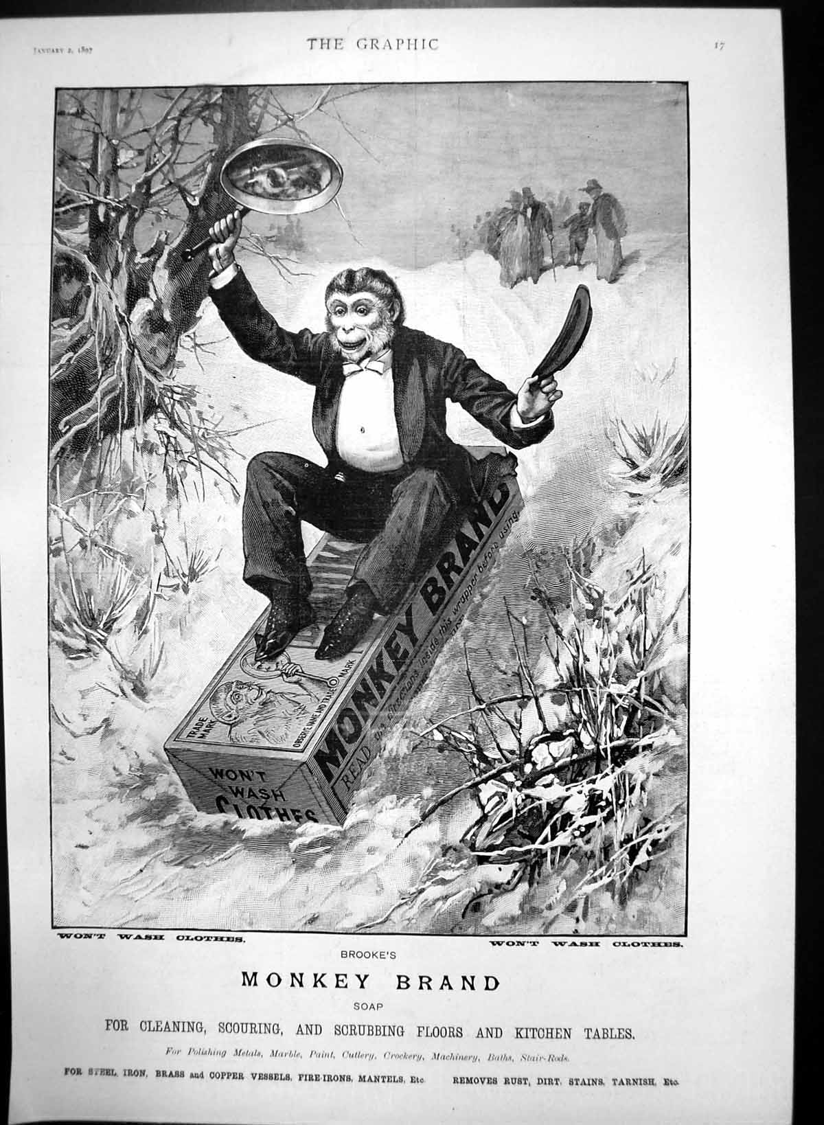 Old Antique Print Brookes Monkey Brand Soap Monkey Using Box Sledge 1897 19th
