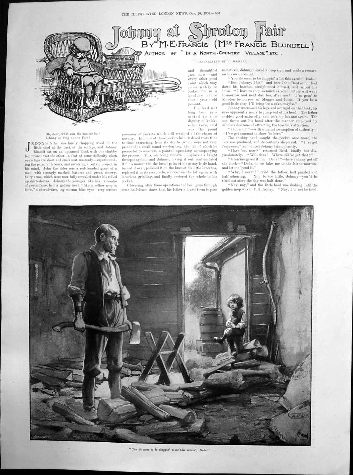 Original Old Antique Print Johnny At Shroton Fair Me Francis Chopping Wood 1900
