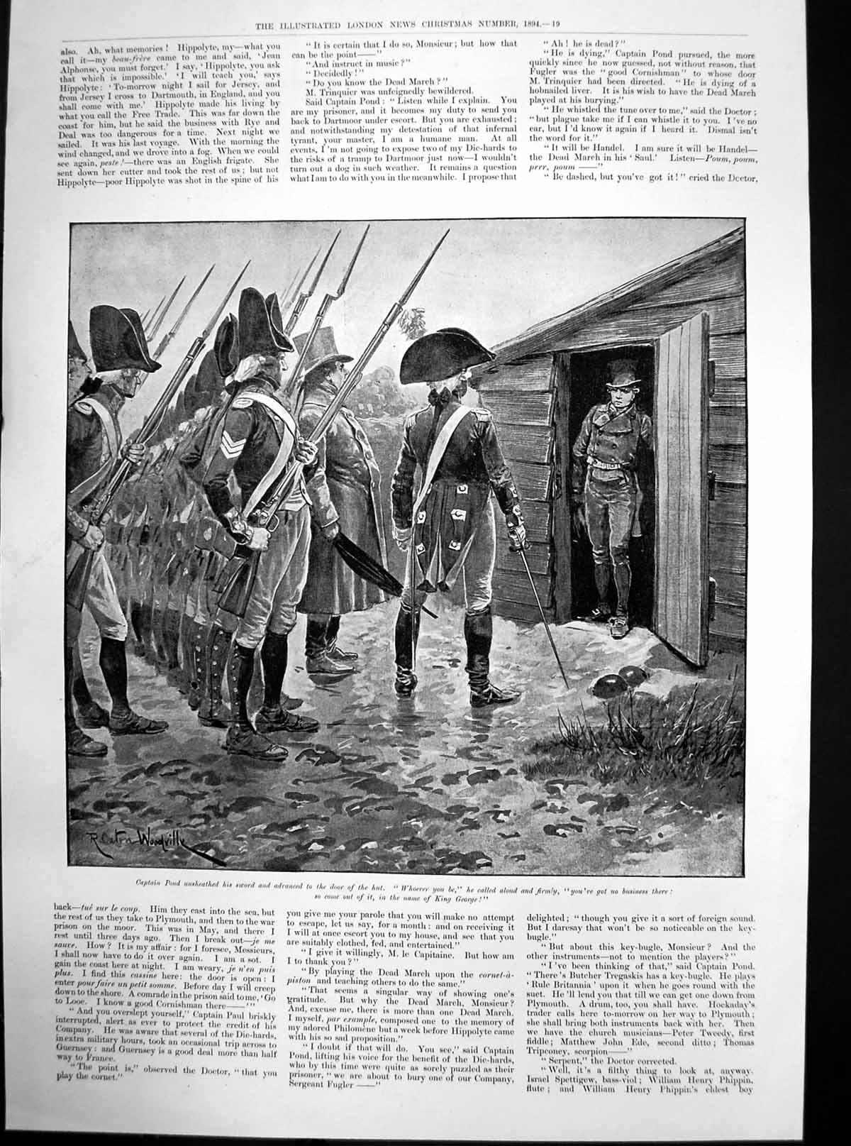 Antique Old Print Captain Pond Unsheathed Sword Man In Hut Rc Woodville 1894