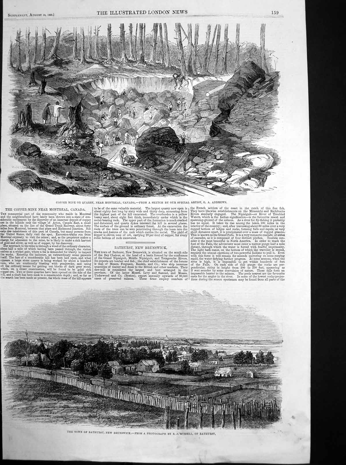 Original Old Antique Print Copper Mine Montreal Bathurst New Brunswick 1860