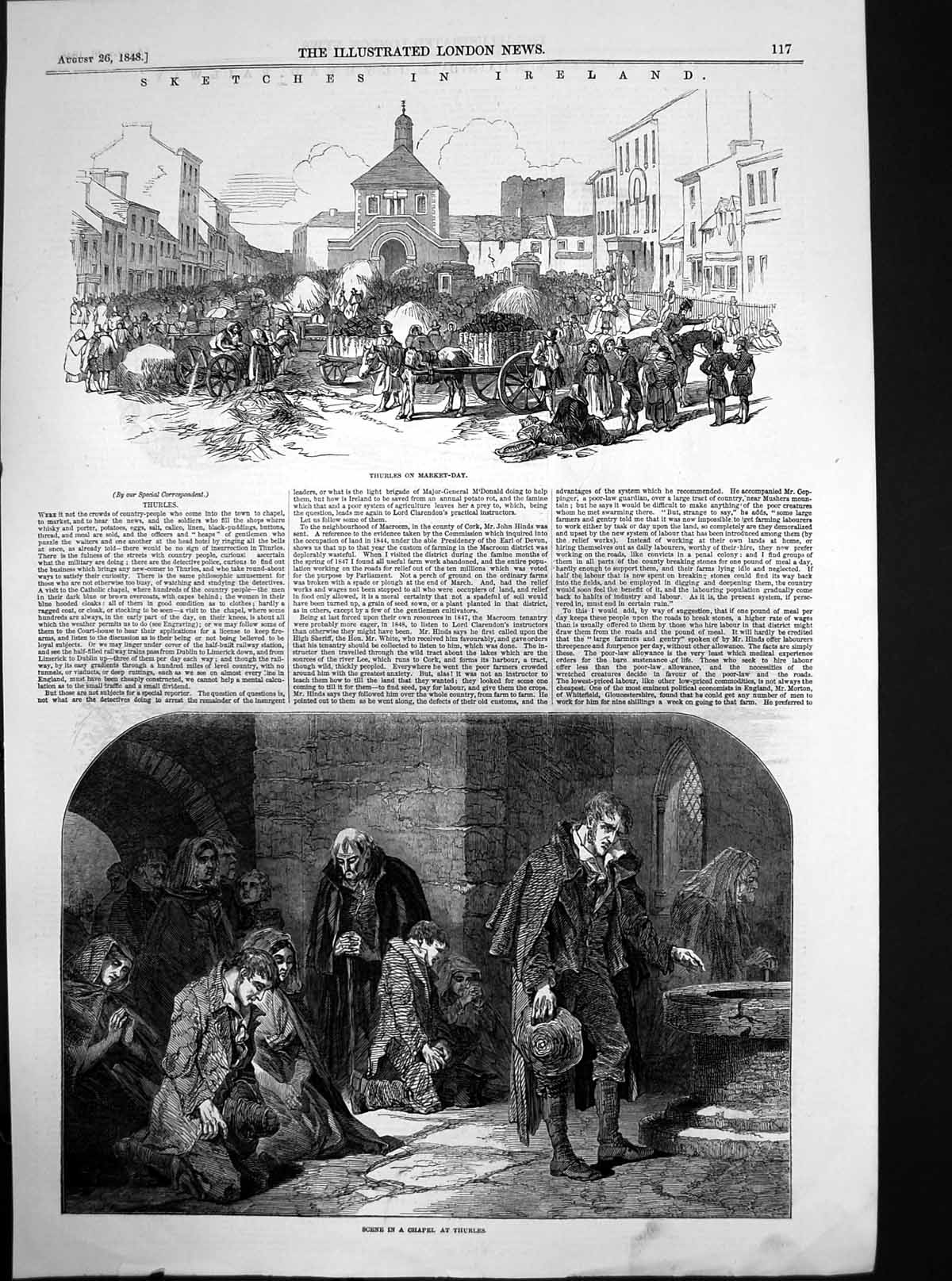 Original Old Antique Print Ireland Chapel Thurles Market Day Thurles 1848 19th