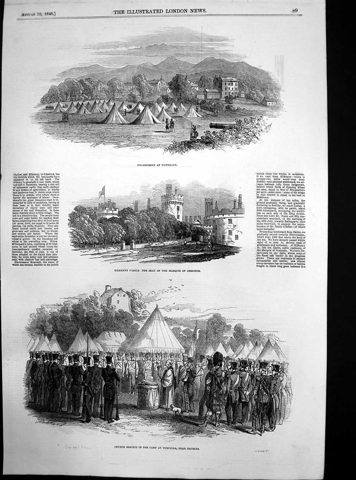 Old Antique Print Encampment Tipperary Kilkenny Castle Camp Turtella 1848 19th