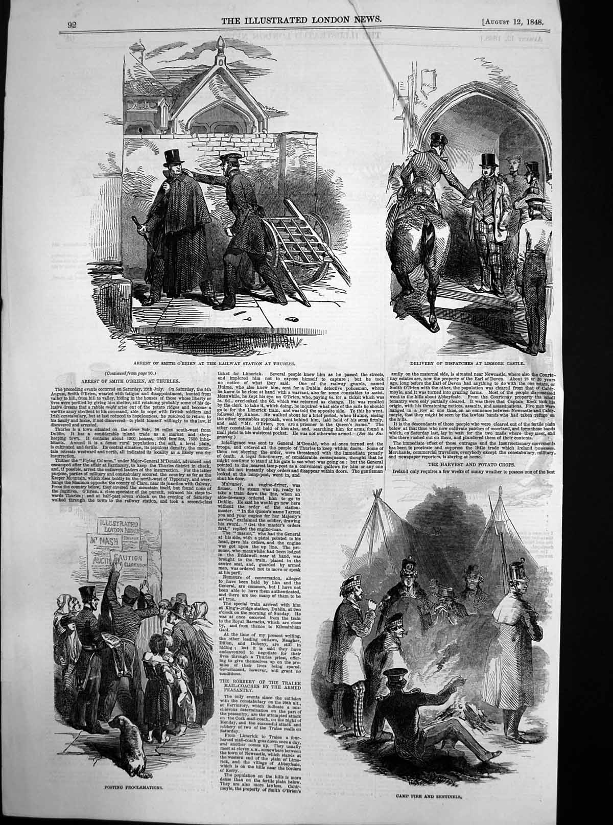 Original Old Antique Print Dispatches Lismore Castle Camp Fire Sentinels 1848