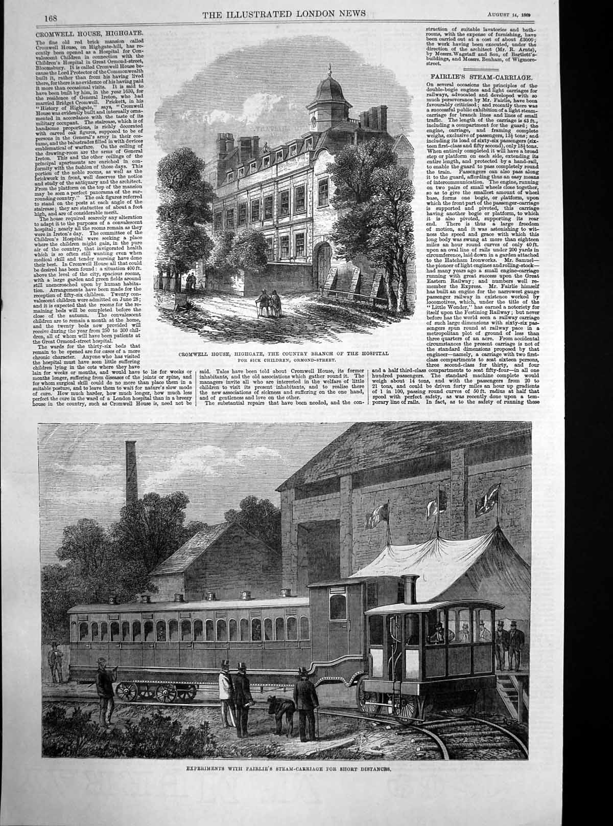 Original Old Antique Print Cromwell House Highgate Fairlies Steam Carriage 1869