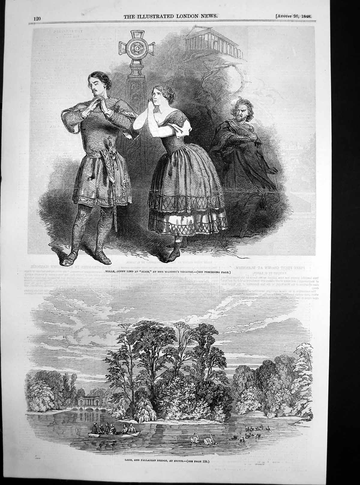 Original Old Antique Print Lake Palladian Bridge Stowe Jenny Lind Alice 1848