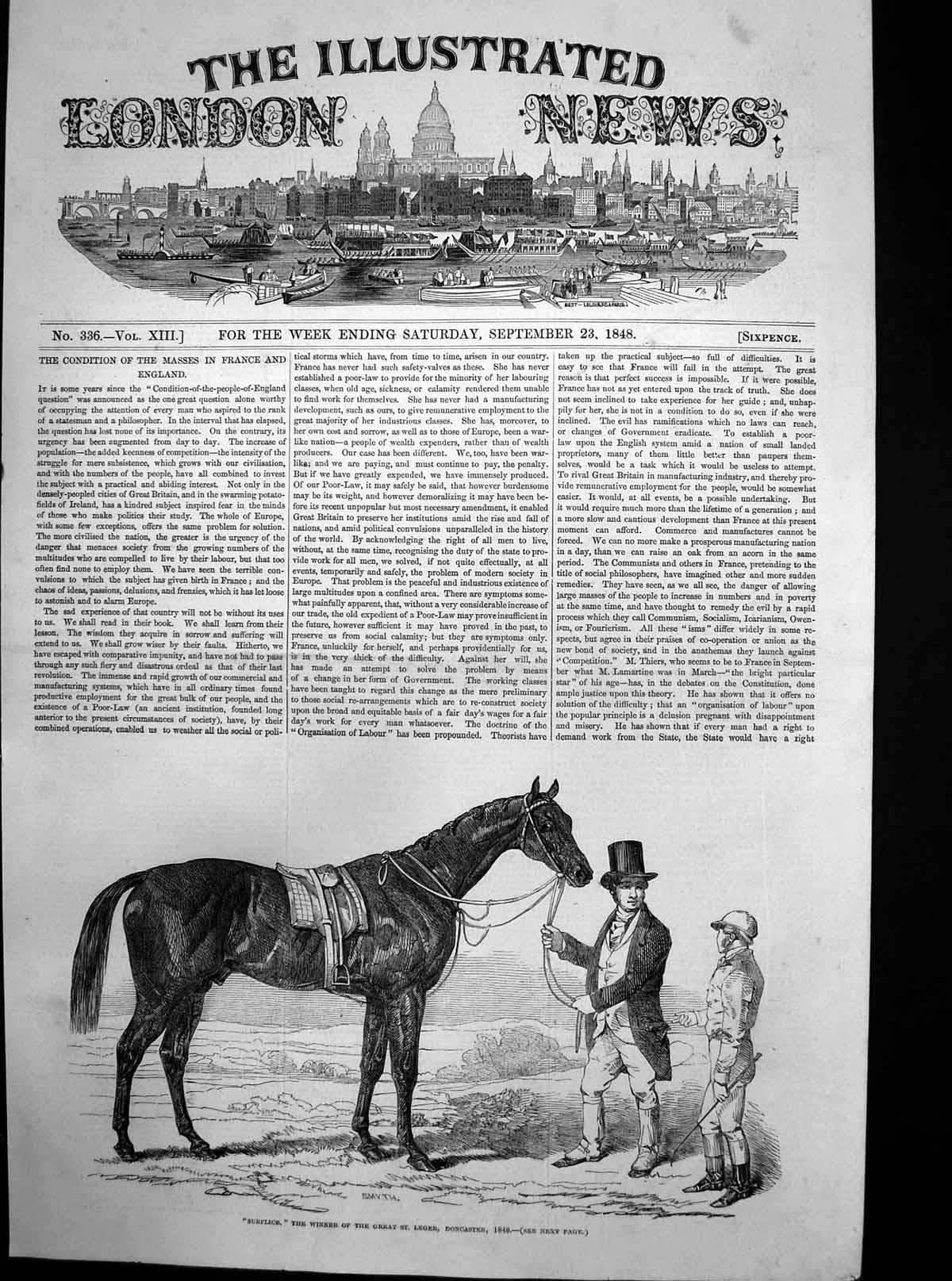 Original Old Antique Print Surplice Winner Great St Leger Doncaster 1848 19th
