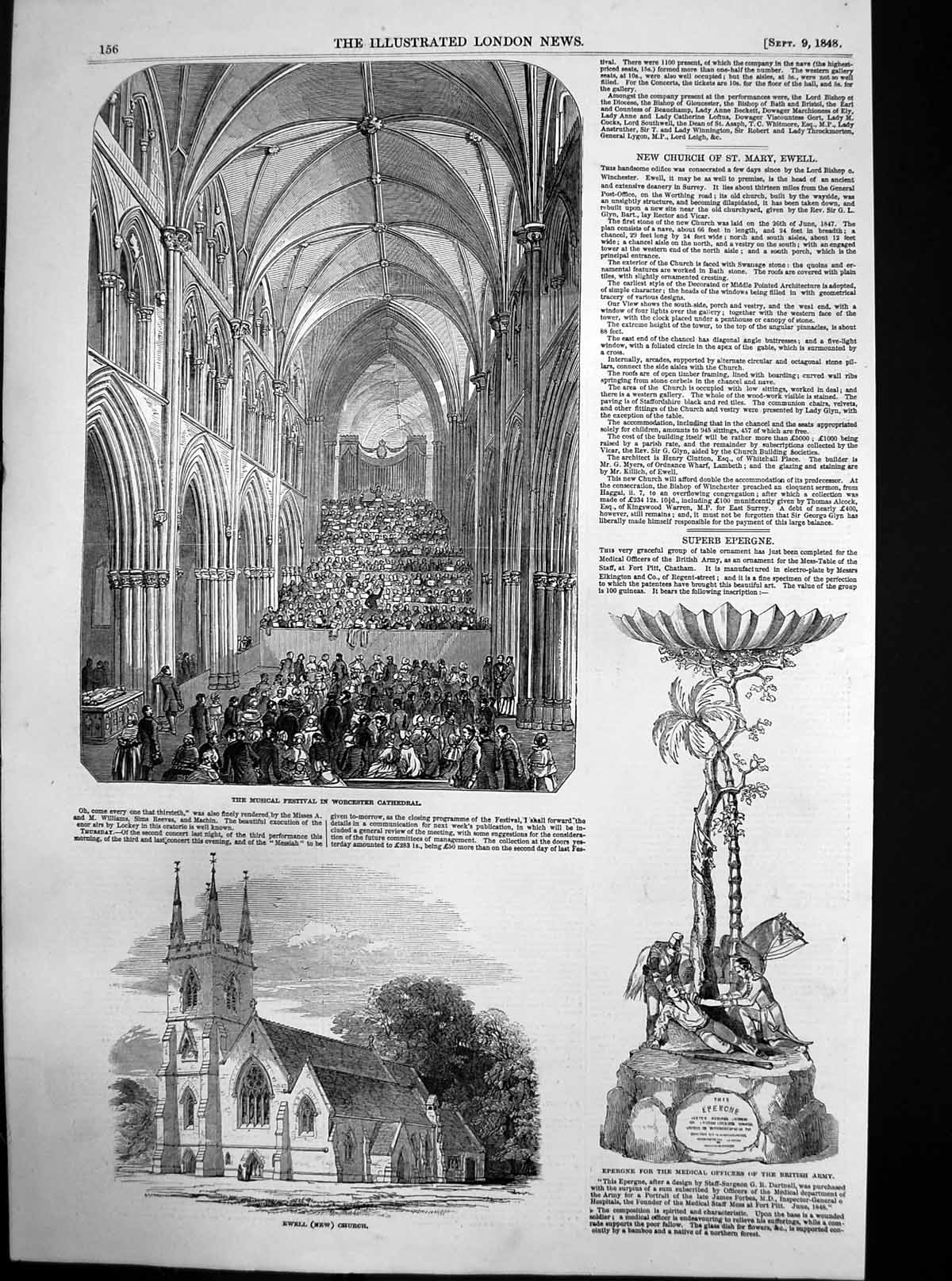 Antique Old Print Music Festival Worcester Cathedral Ewell New Church 1848 19th