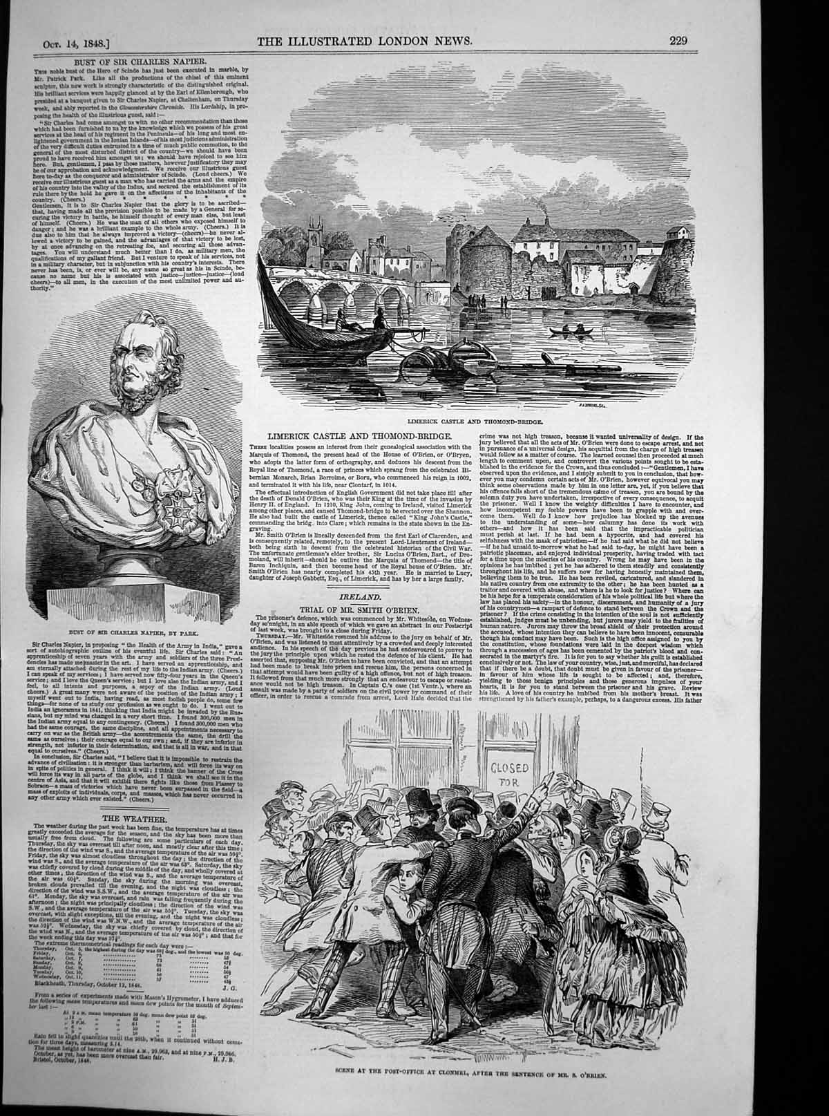Antique Old Print Limerick Castle Thomond Bridge Bust Sir Charles Napier 1848