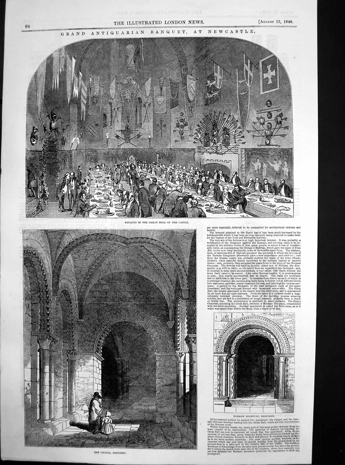 Antique Old Print Grand Antiquarian Banquet Newcastle Great Hall Castle 1848