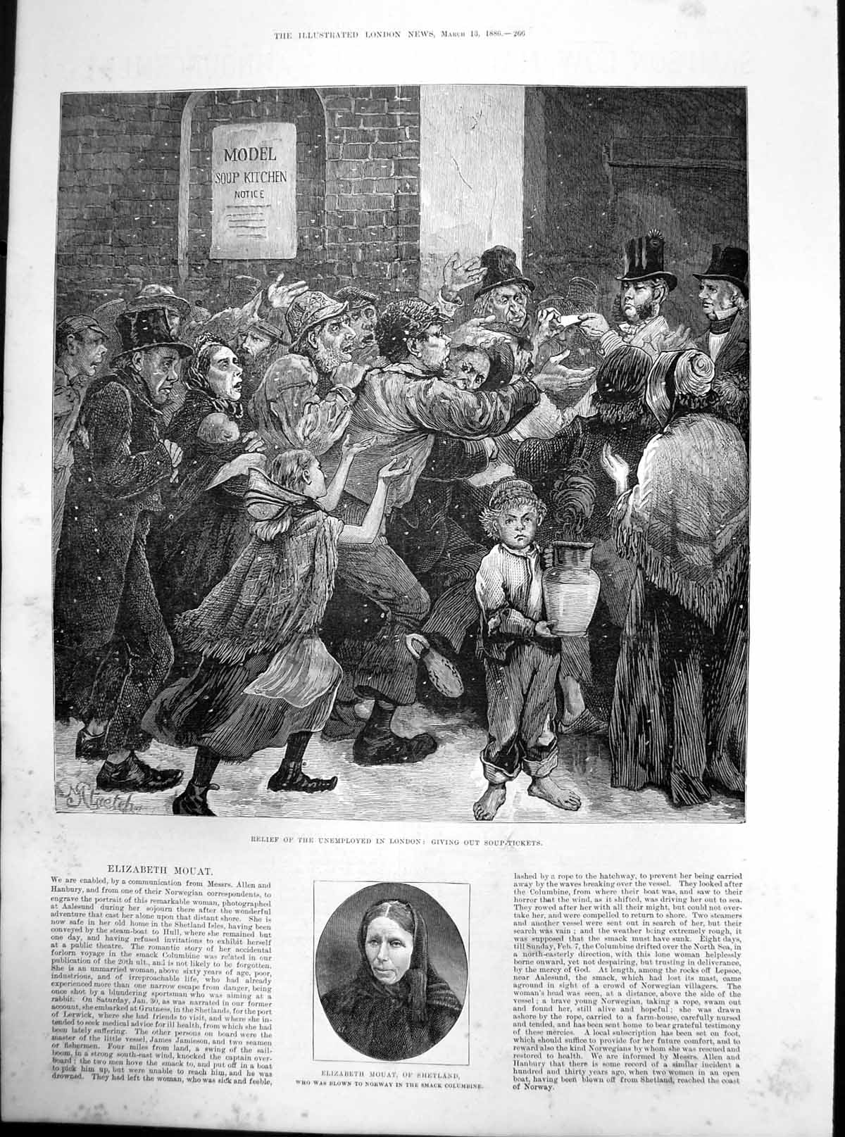 Antique Old Print Giving Soup Tickets Unemployed London Elizabeth Mouat 1886