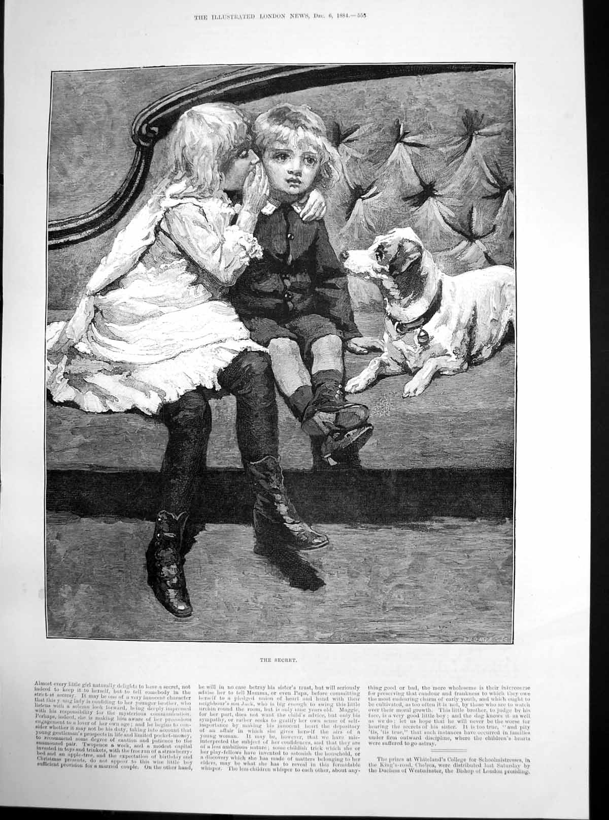 Old Antique Print The Secret Girl Whispering To Boy On Sofa With Dog 1884 19th