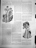 Old Antique Print White Satin Evening Dress Ascot Costume Dress Hat 1896 19th