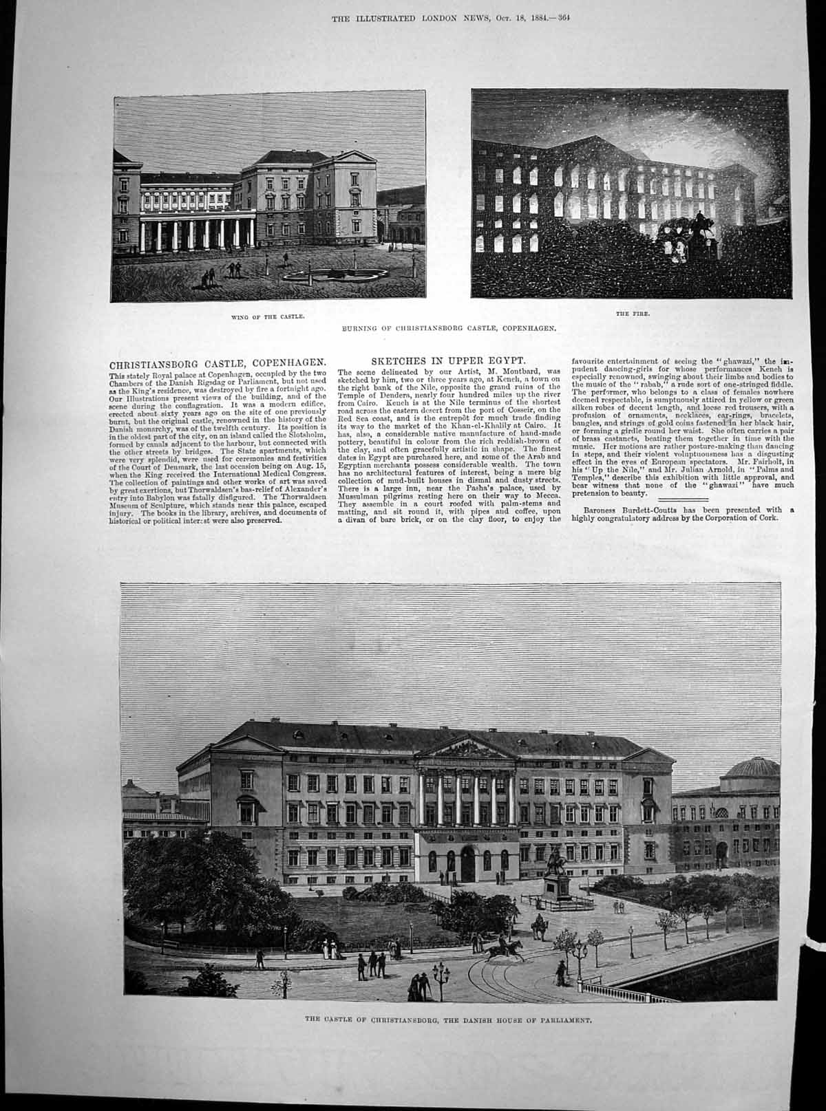 Antique Old Print Burning Christiansborg Castle Danish House Parliament 1884