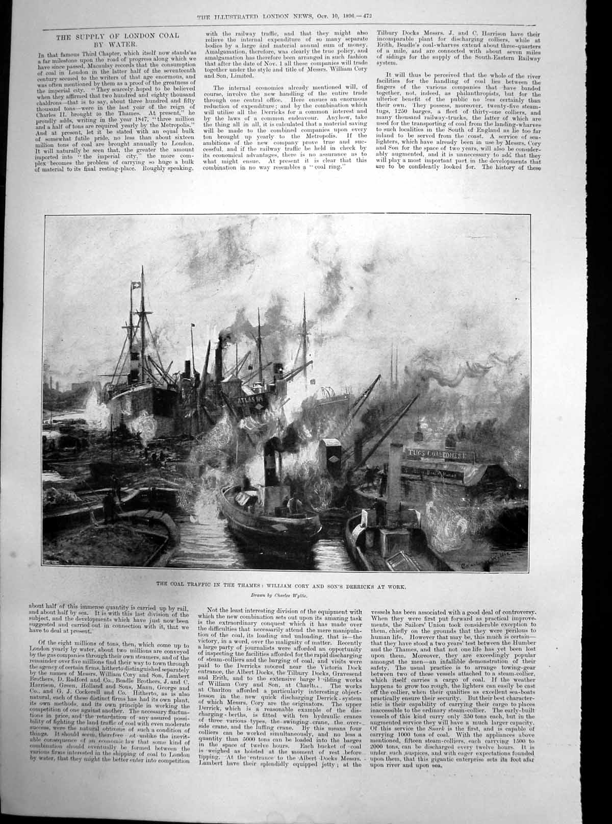 Antique Print Coal Traffic Thames William Cory & Sons Derricks At Work 1896