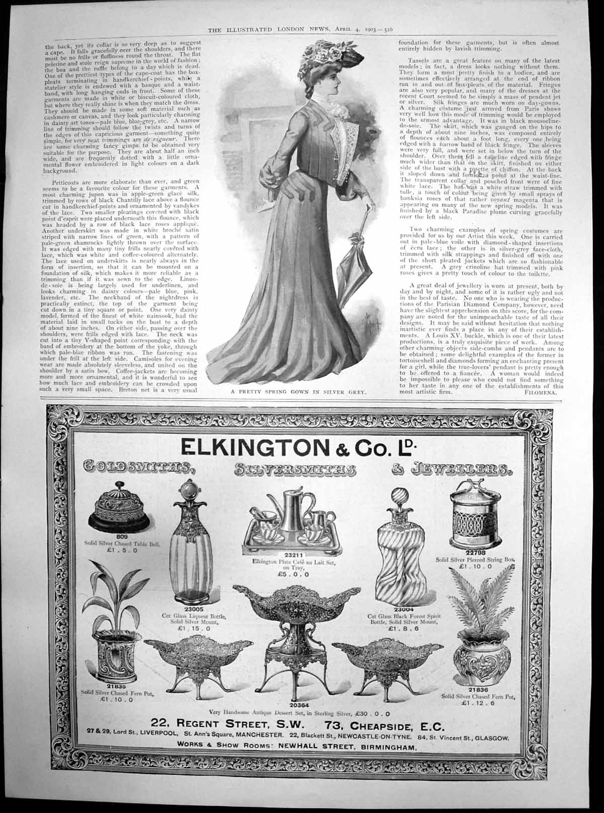 Old Antique Print Pretty Spring Gown Silver Grey Elkington Co Gsmith 1903 20th