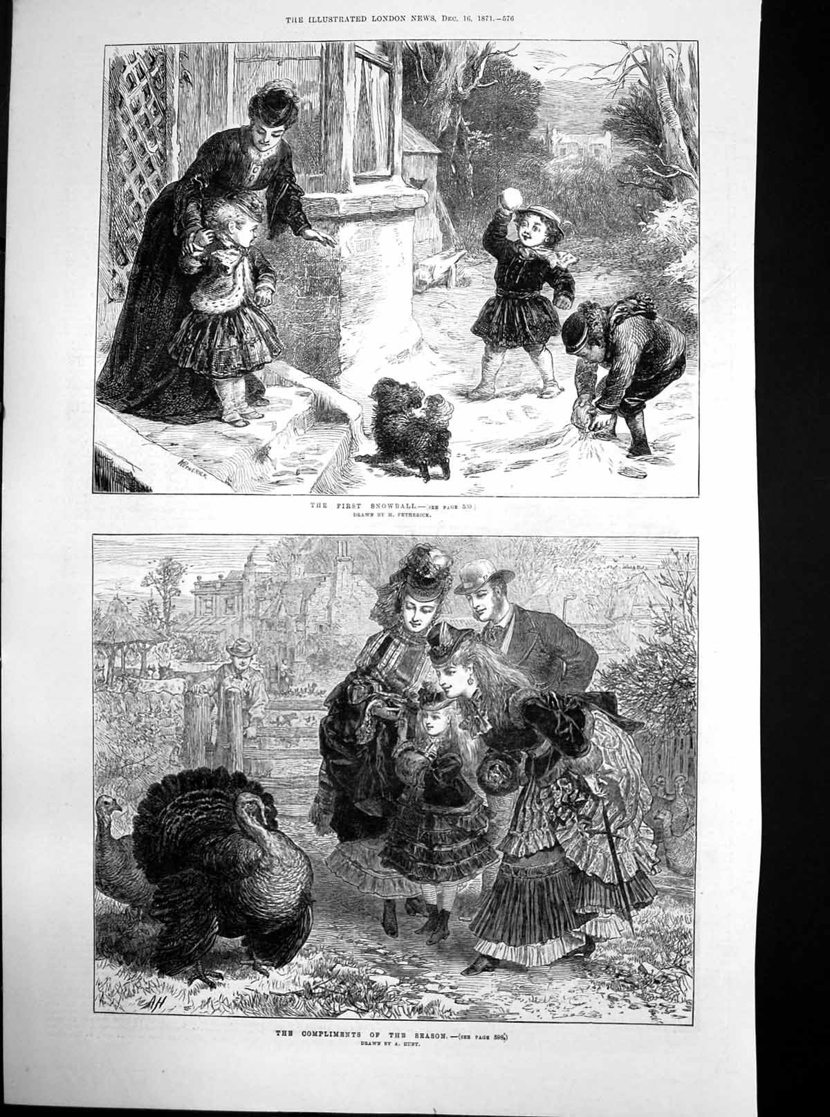 Original Old Antique Print Compliments Season A Hunt Turkeys In Field 1871 19th