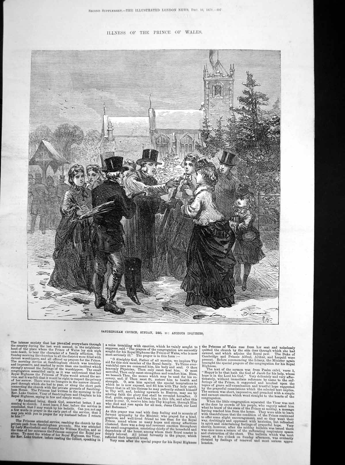 Old Antique Print Sandringham Church Sunday Dec 10 Anxious Inquiries 1871