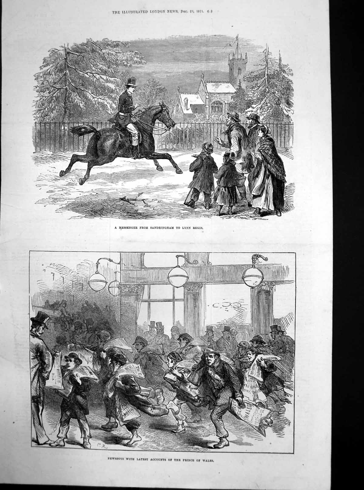 Original Old Antique Print Newsboys Latest Account Prince Wales Illness 1871