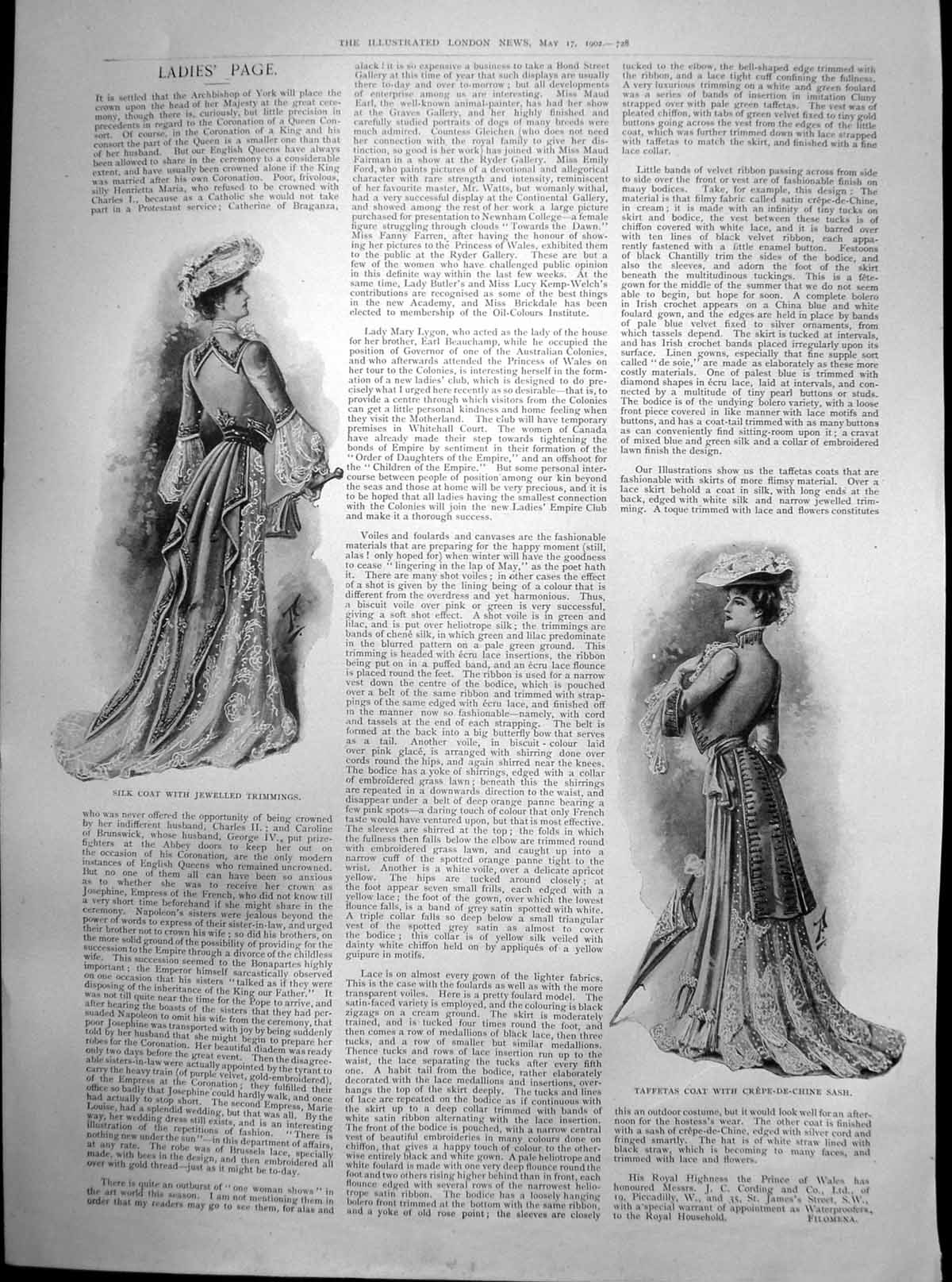 Antique Old Print Silk Coat Jewelled Trimmings Taffetas Coat Sash Crepe 1902