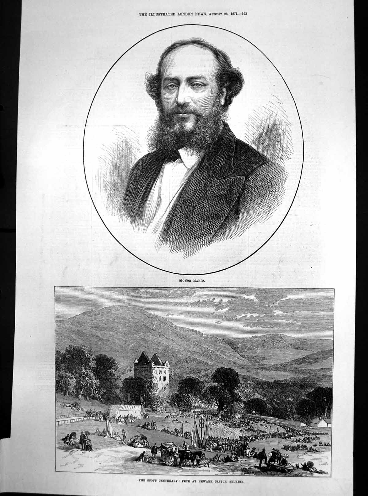 Antique Print Scott Centenary Fete Newark Castle Selkirk Signor Mario 1871 19th