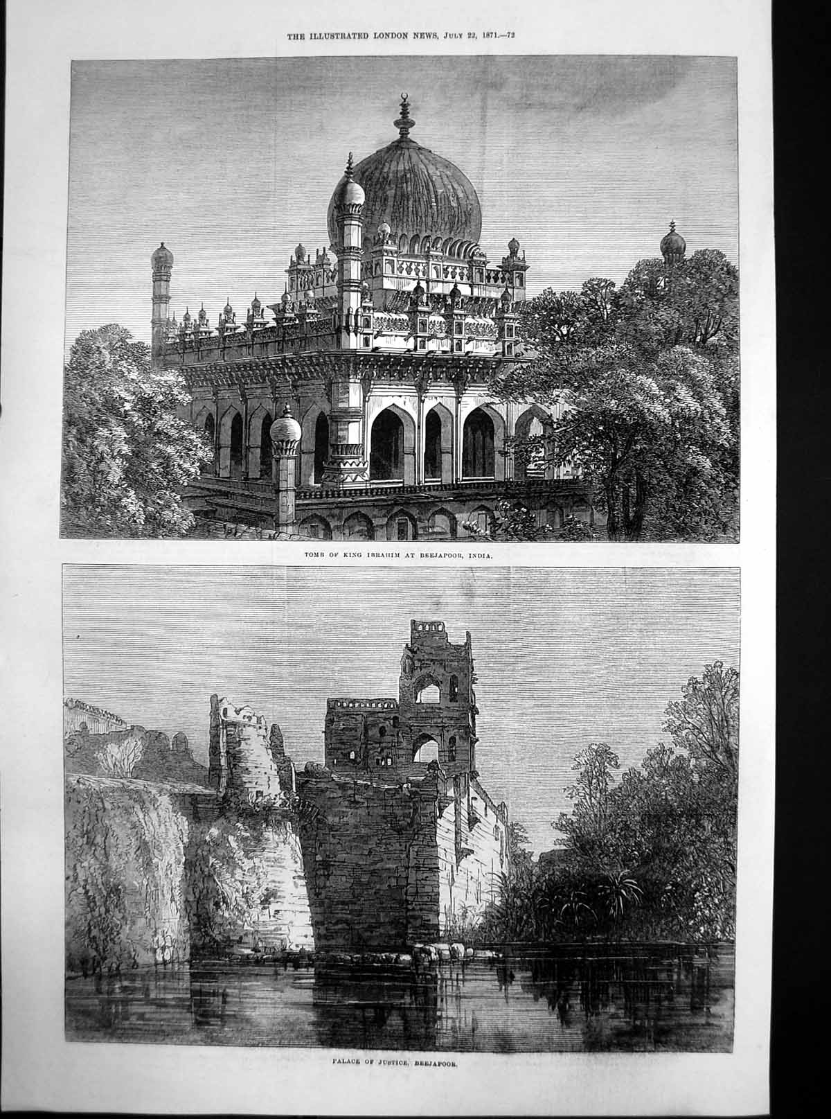 Old Antique Print Tomb King Ibrahim Palace Justice Beejapoor India 1871 19th