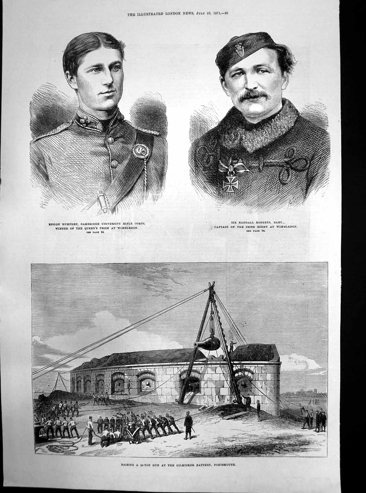 Original Old Antique Print Raising 25Ton Gun Gilkicker Battery Portsmouth 1871