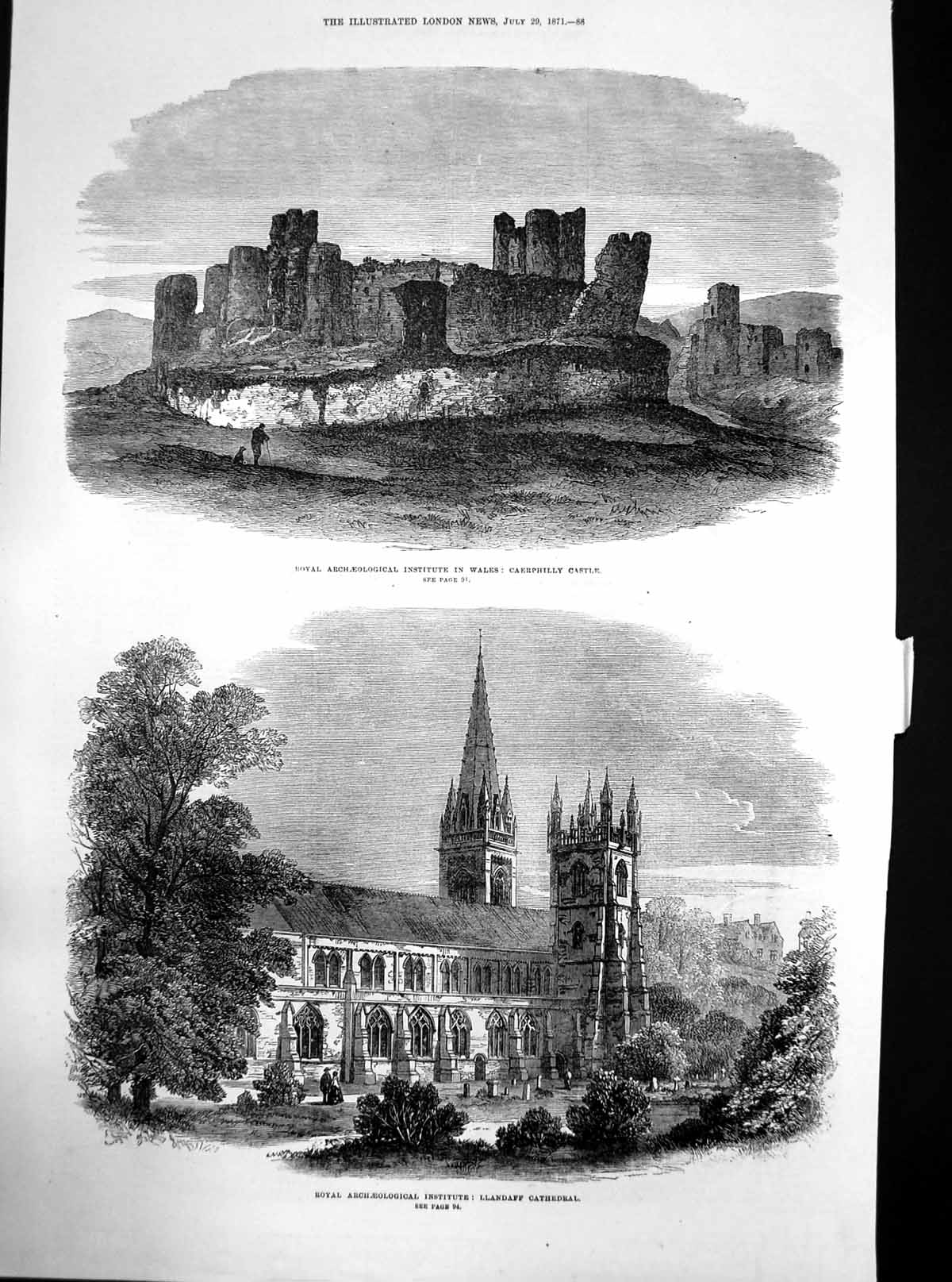 Old Antique Print Royal Archaeological Institute Llandaff Cathedral 1871 19th
