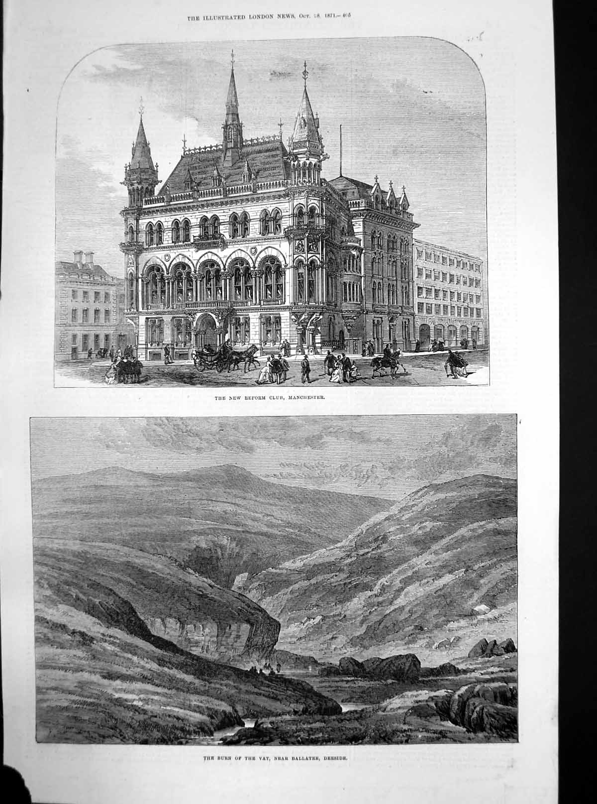 Antique Old Print New Reform Club Manchester Burn Vat Ballater Deeside 1871