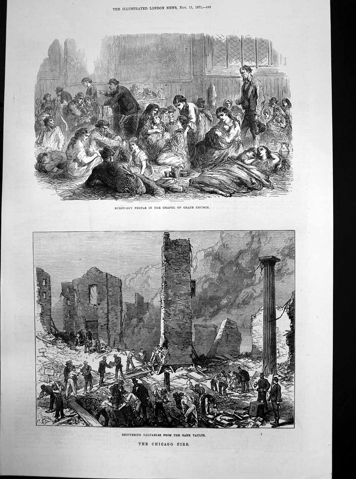 Original Old Antique Print Chicago Fire Recovering Valuables Bank Vaults 1871