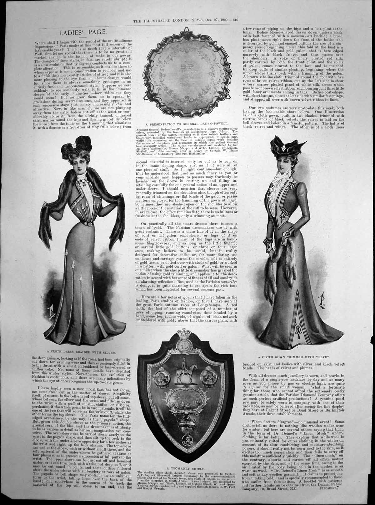 Antique Old Print Yeomanry Shield Cloth Dress Gown Trimmed With Velvet 1900