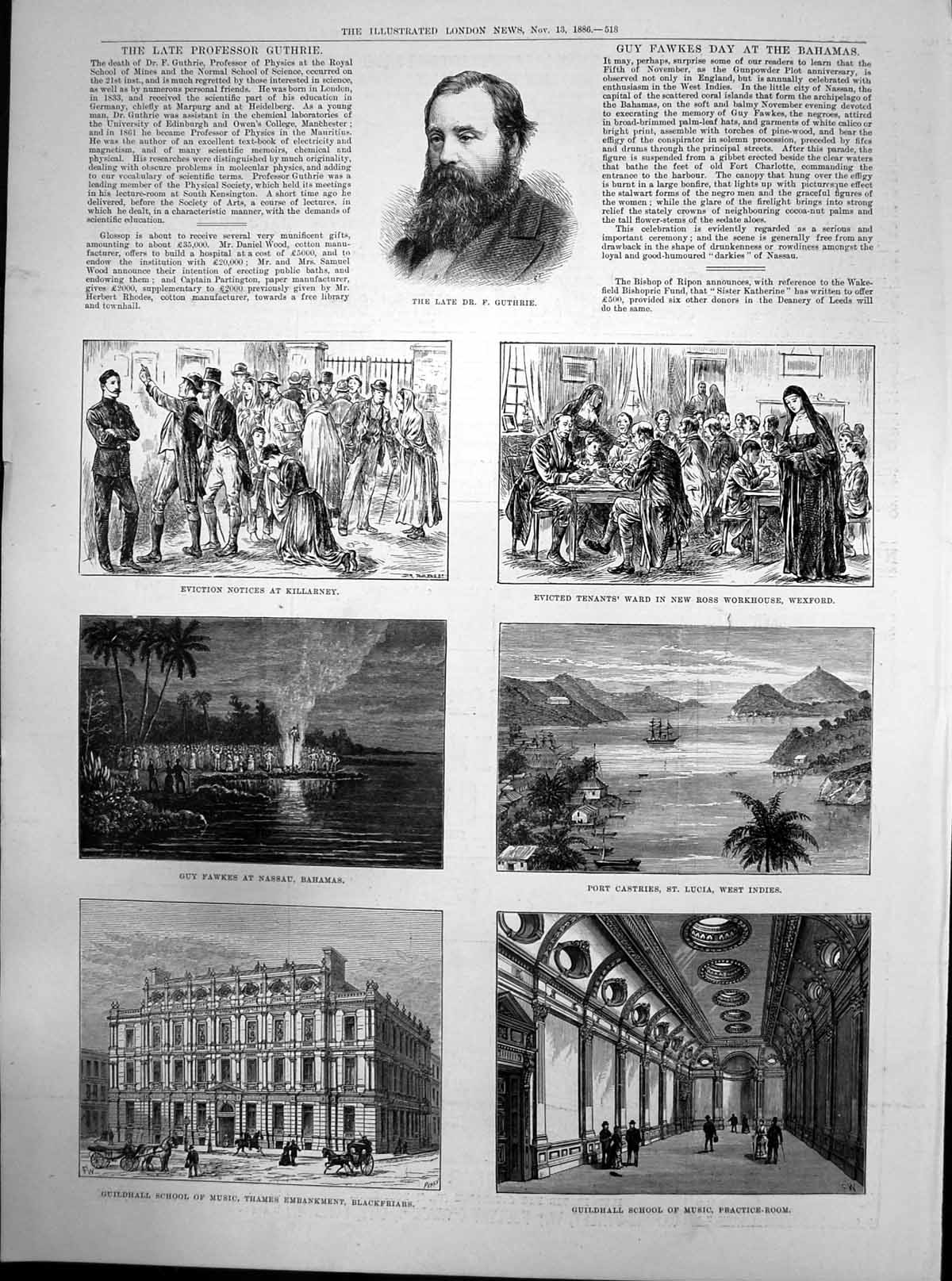 Antique Print Guildhall School Music Blackfriars Portcastries St Lucia 1886