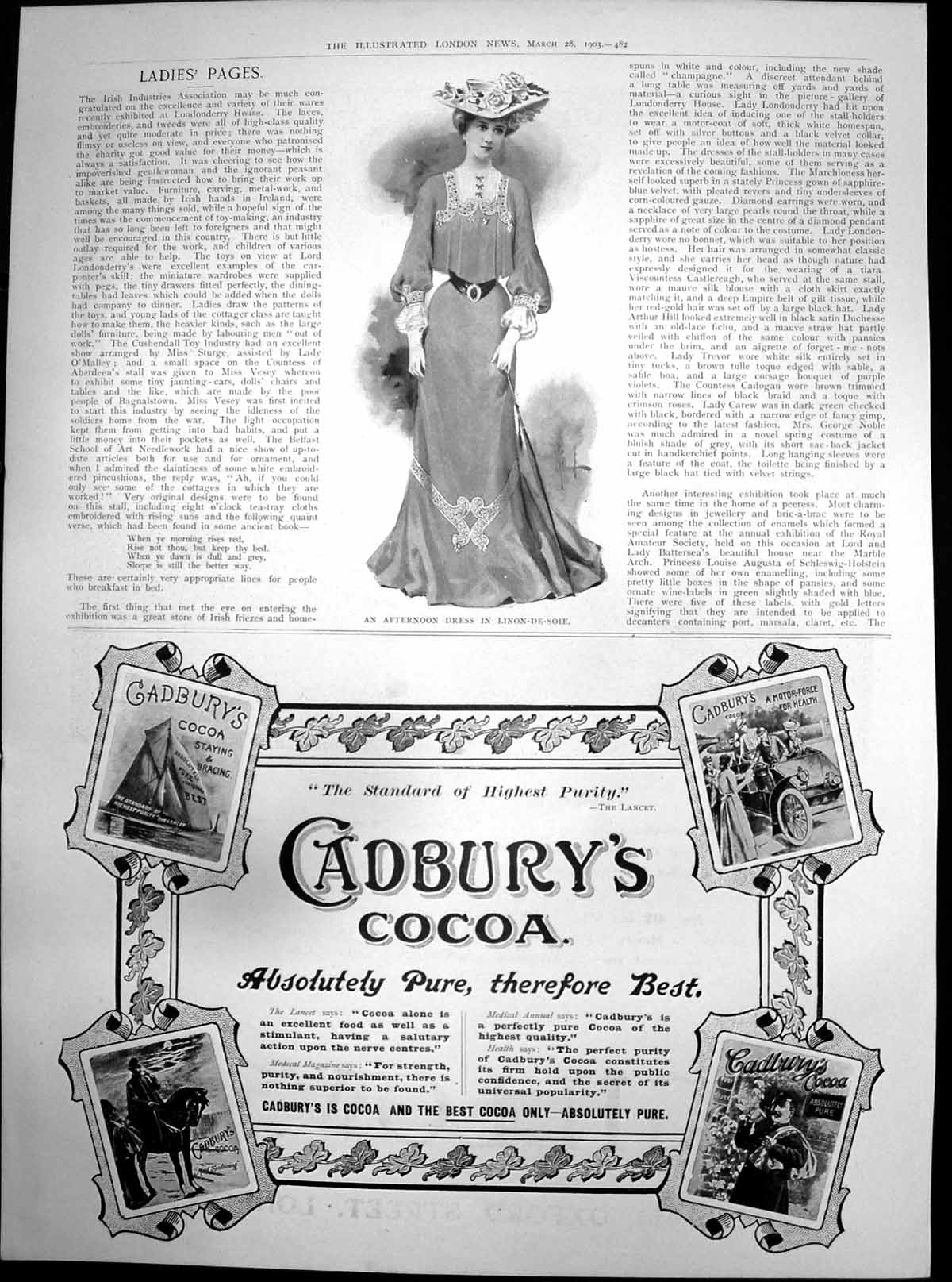 Antique Old Print Afternoon Dress Linon De Soie Cadburys Cocoa Advert 1903 20th