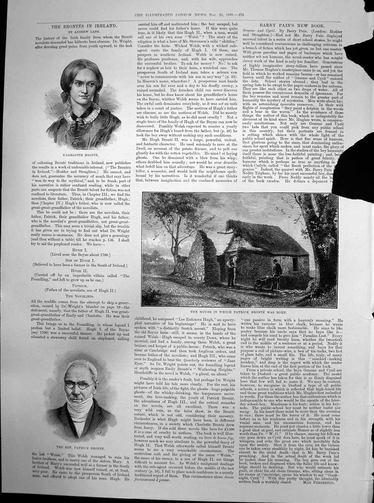 Antique Old Print Brontes Ireland House Birth Patrick Bronte Charlotte 1893