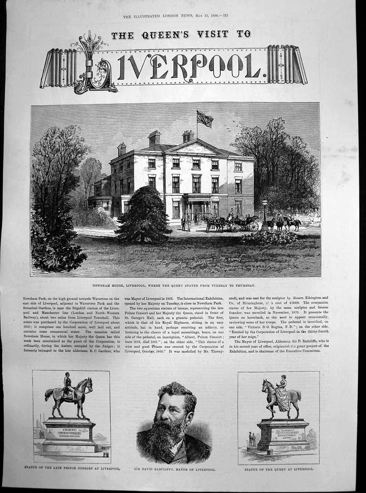 Antique Print Queens Visit Liverpool Newsham House David Radcliffemayor1886