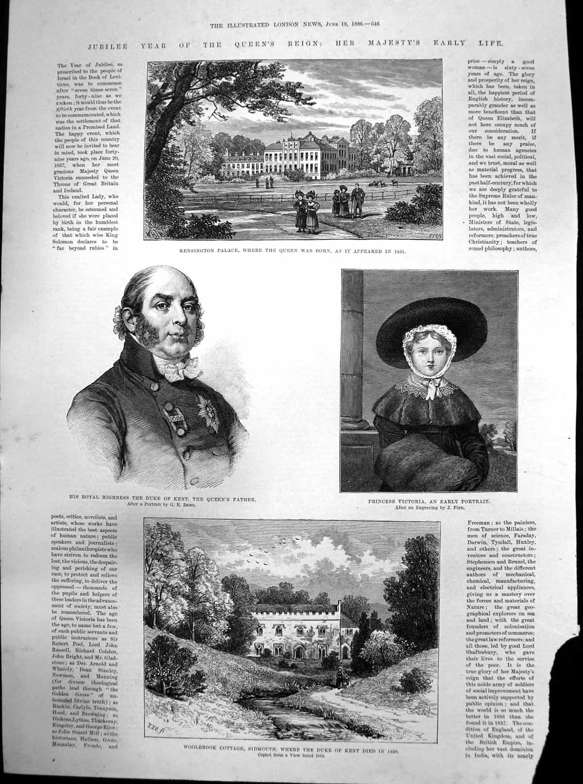Antique Old Print Jubilee Year Queens Reign Kensington Palace Birthplace 1886