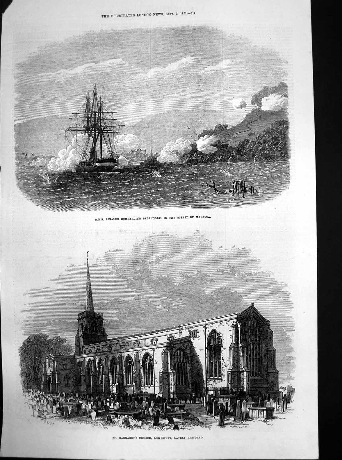 Antique Old Print St Margarets Church Lowestoft Hms Rinaldo Salangore 1871 19th