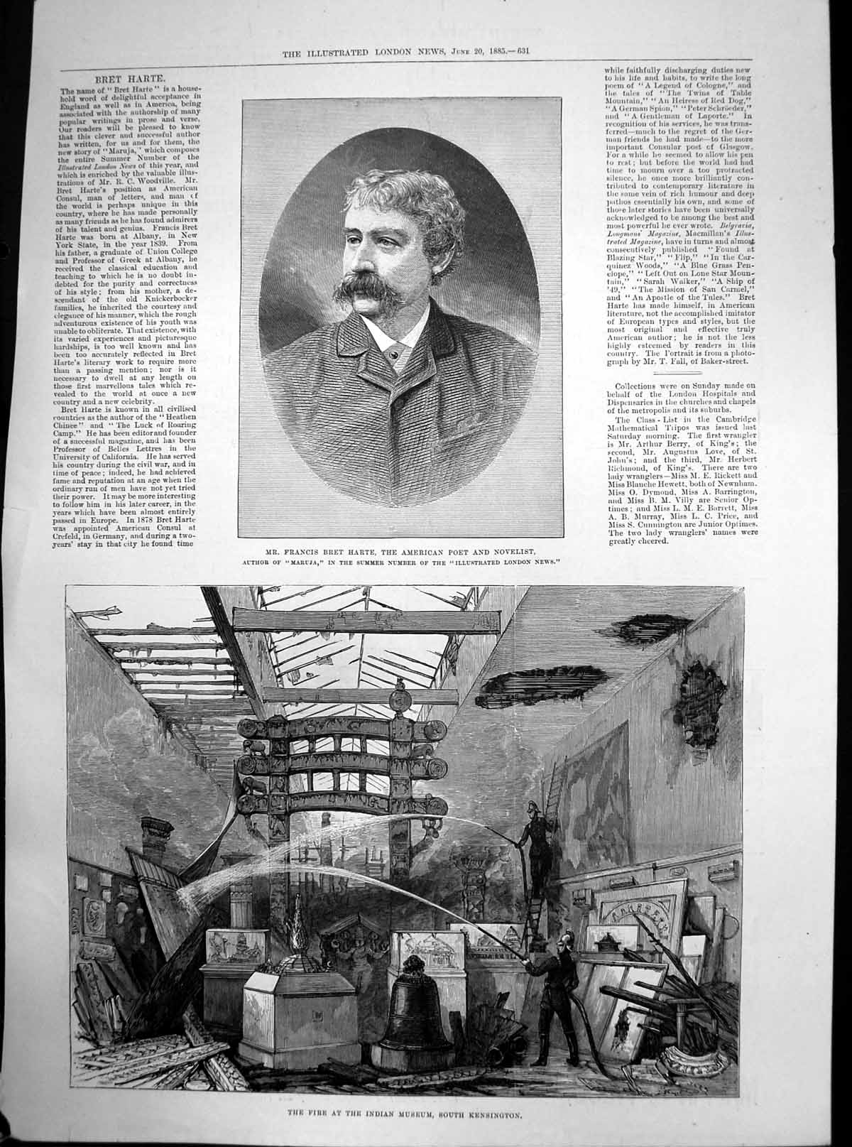 Antique Old Print Fire Indian Museum South Kensington Francis Harte Poet 1885