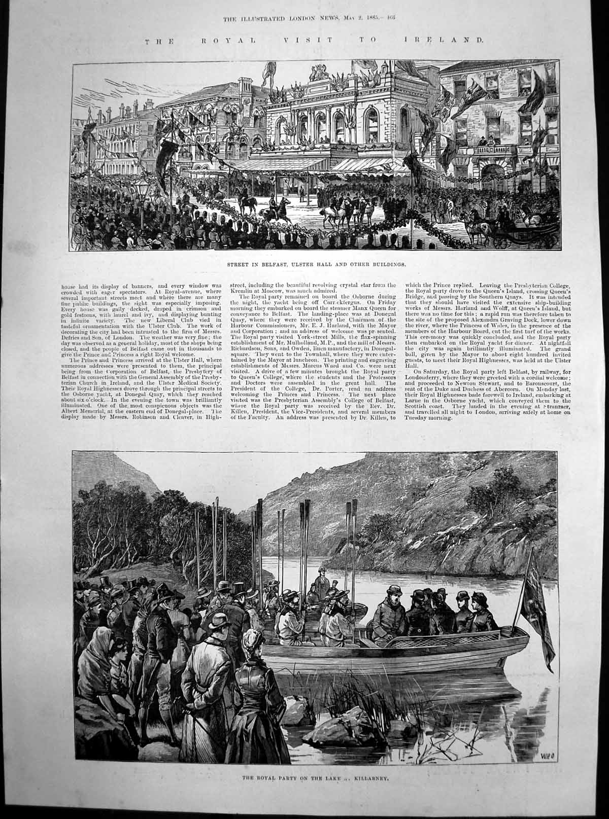 Original Old Antique Print Royal Party Lake Killarney Ulster Hall Belfast 1885