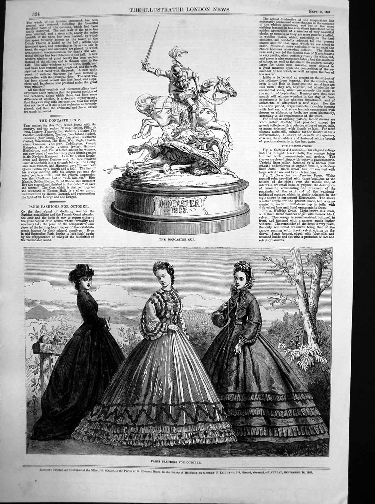 Original Old Antique Print Doncaster Cup Paris Fashions October 1863 Victorian
