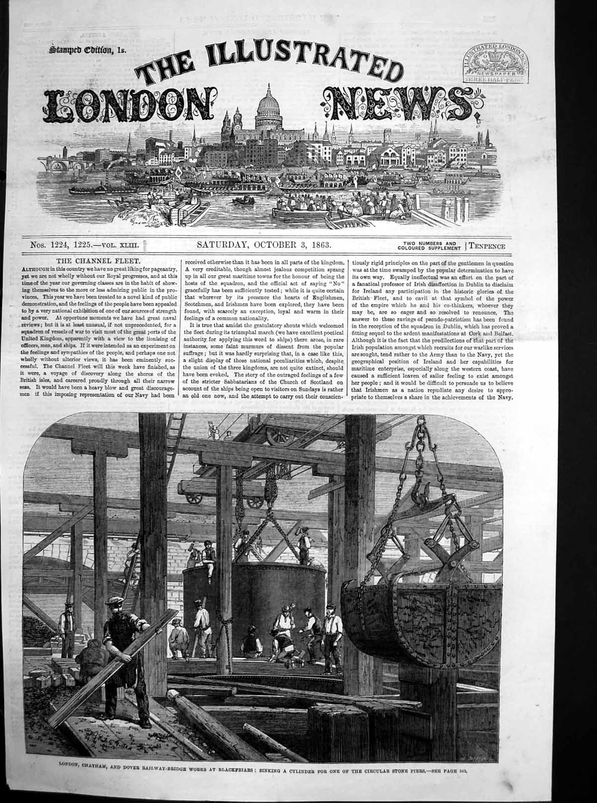 Antique Old Print London Chatham Dover Railway Bridge Works Blackfriars 1863