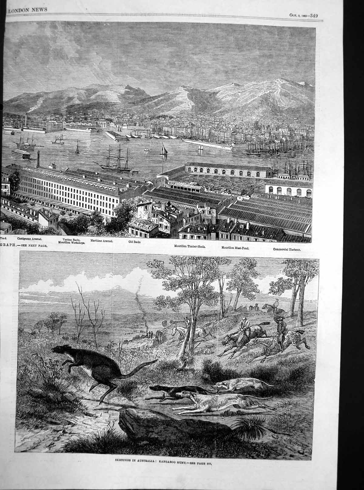 Old Antique Print Kangaroo Hunt Australia Toulon Commercial Harbour 1863 19th