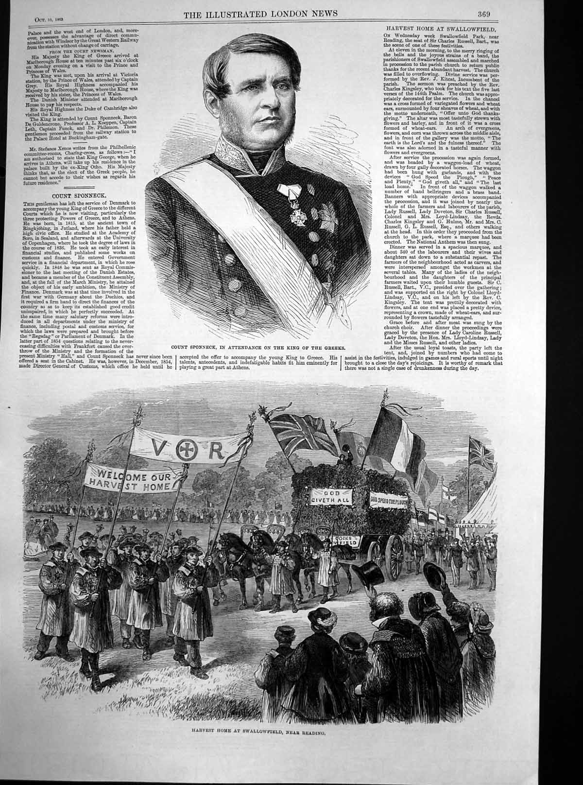 Old Antique Print Harvest Home Swallowfield Reading Count Sponneck 1863 19th