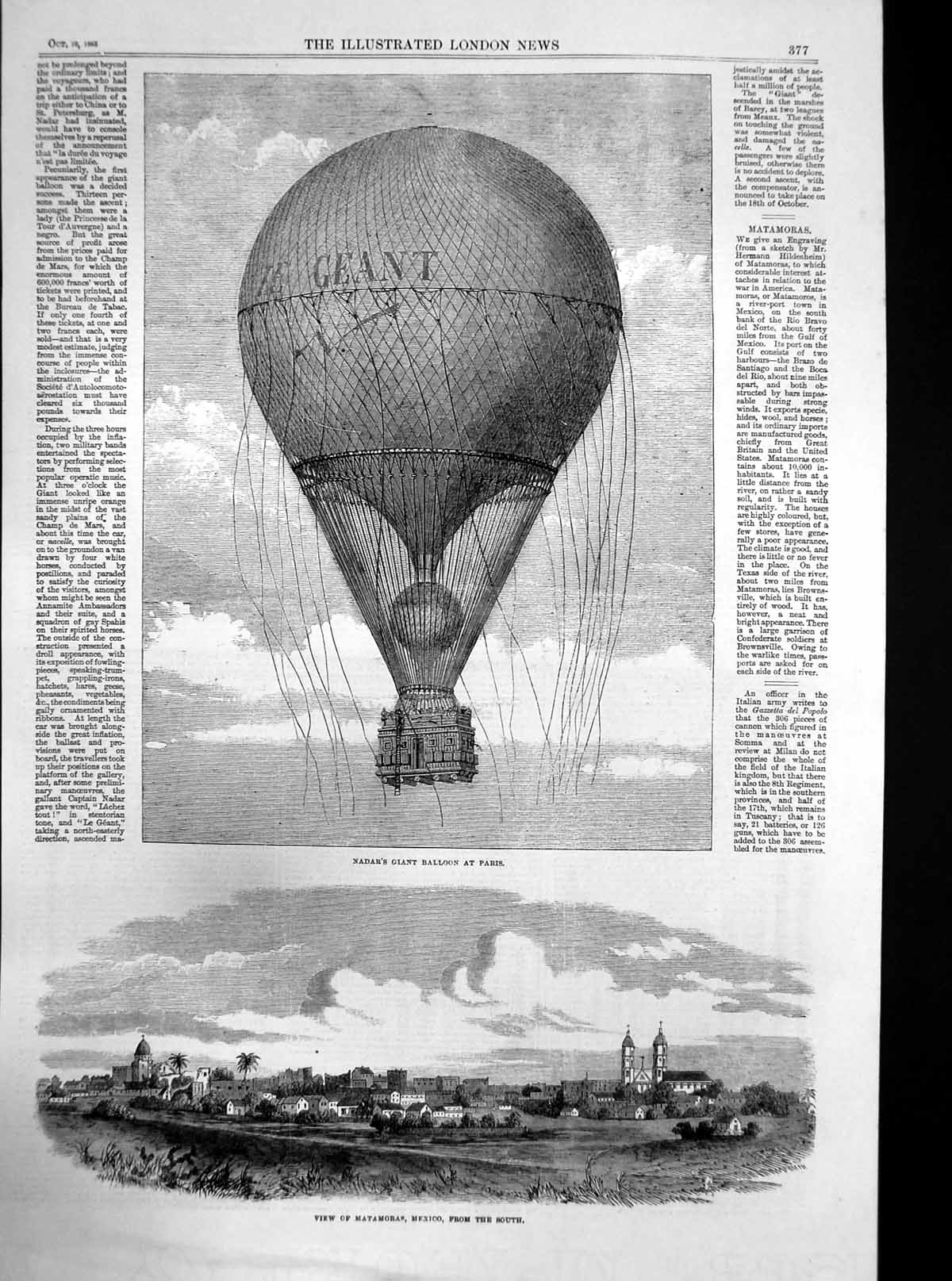 Original Old Antique Print Nadars Giant Balloon Paris Matamoras Mexico 1863