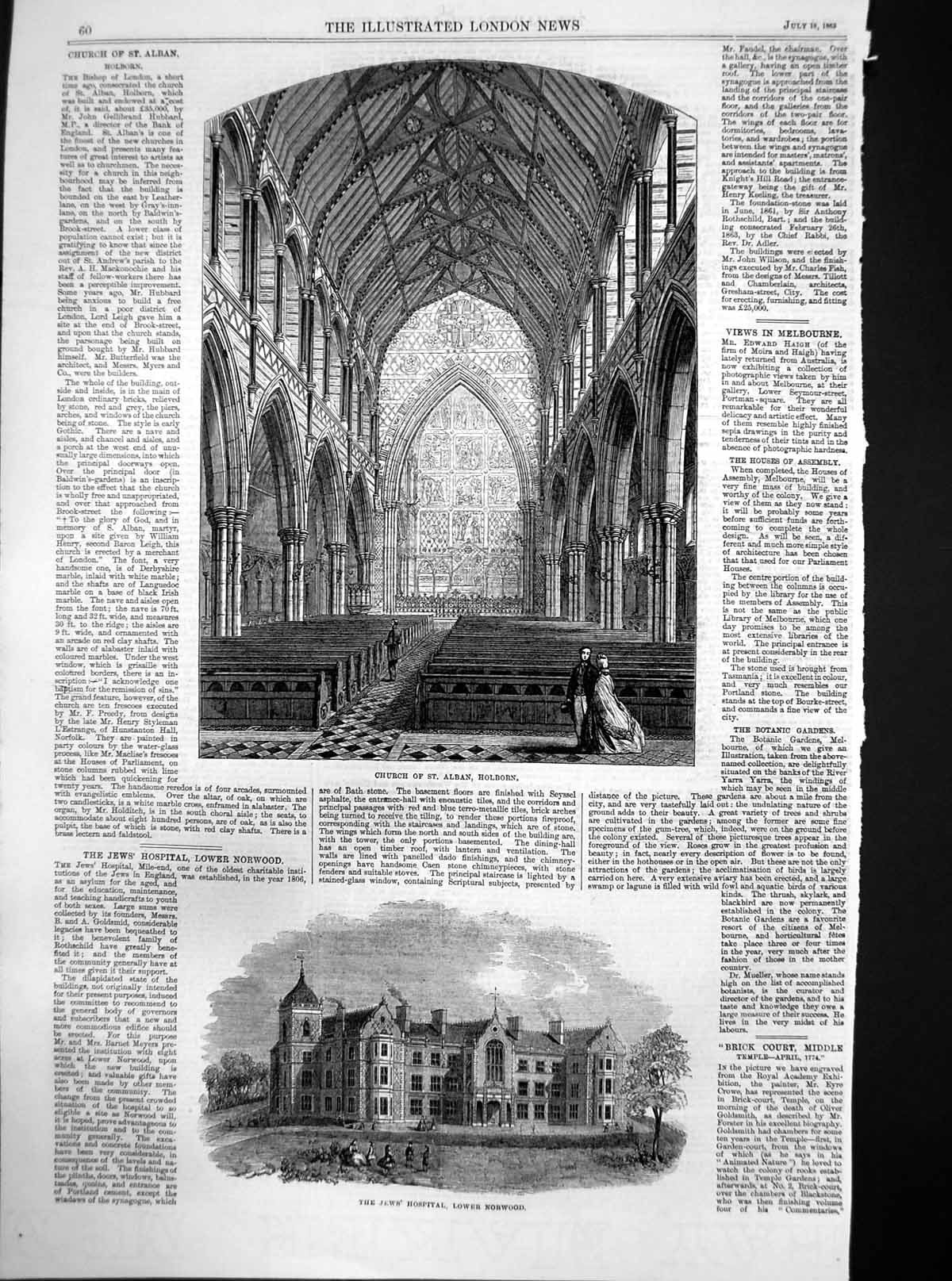 Antique Old Print Church St Alban Holborn Jews Hospital Lower Norwood 1863 19th