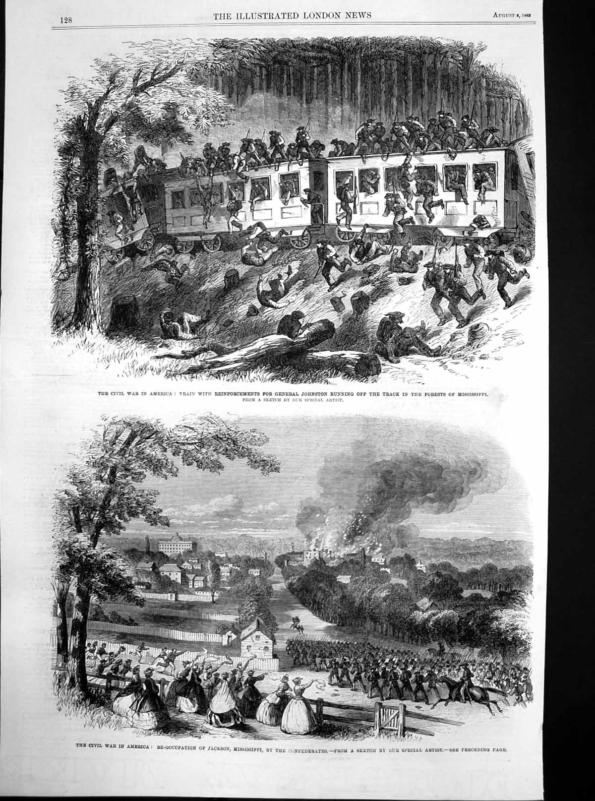 Original Old Antique Print Civil War America s Reoccupy Jackson 1863 Victorian