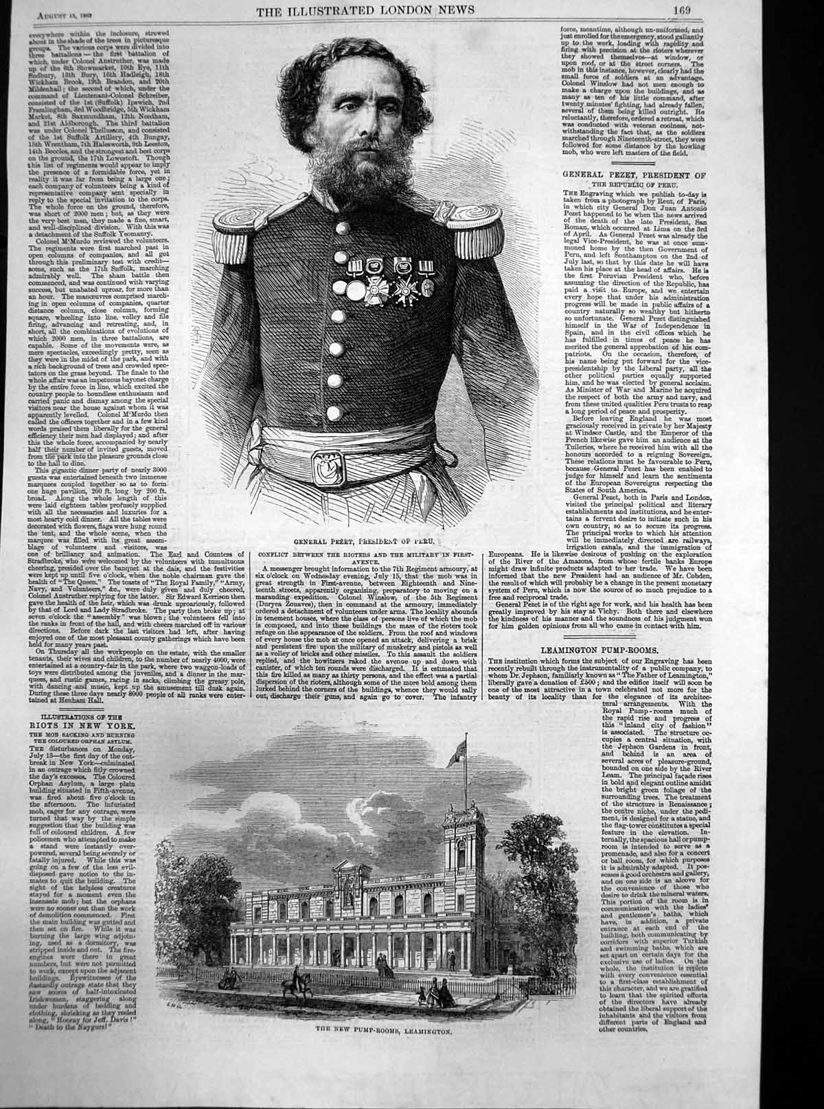 Antique Old Print New Pump Rooms Leamington General Rezet President Peru 1863